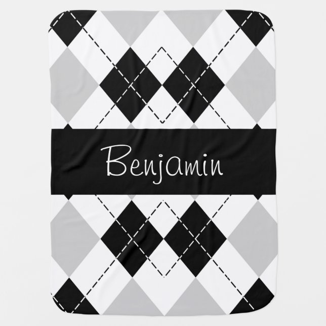 Personalized Black White Gray Argyle Baby Blanket (Front)