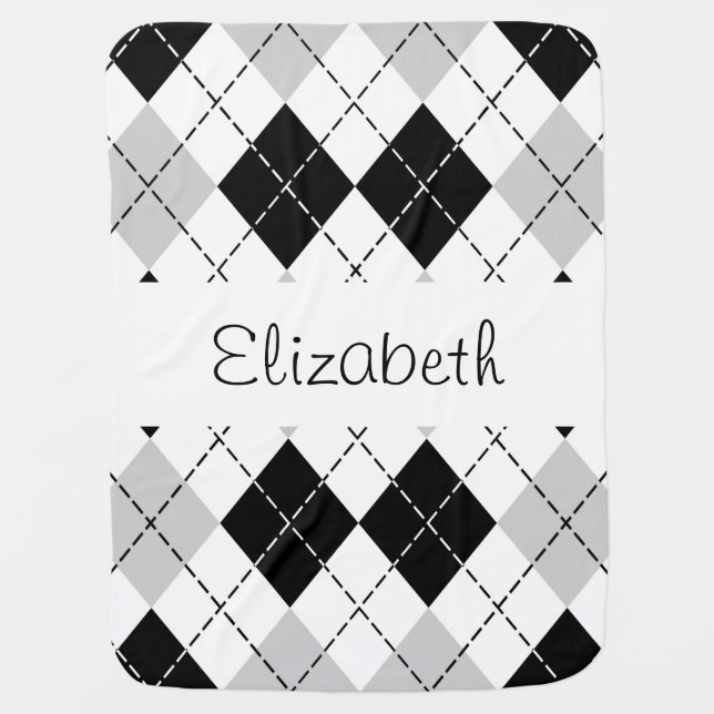 Personalized Black White Gray Argyle Baby Blanket (Front)
