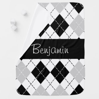 Personalized Black White Gray Argyle Baby Blanket