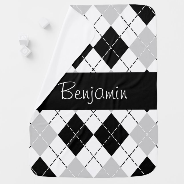 Personalized Black White Gray Argyle Baby Blanket (In Situ)