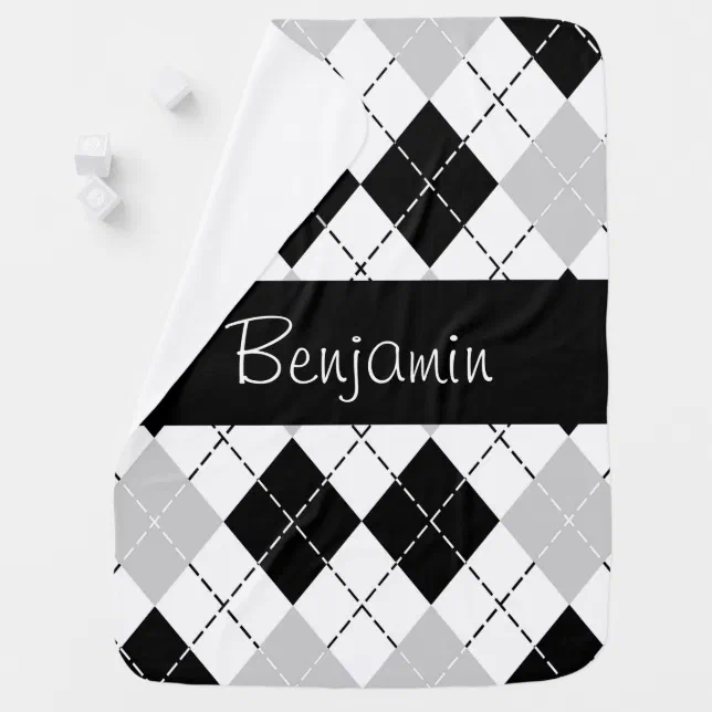 Personalized Black White Gray Argyle Baby Blanket Zazzle