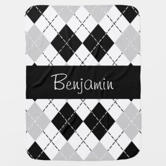 Personalized Black White Gray Argyle Baby Blanket