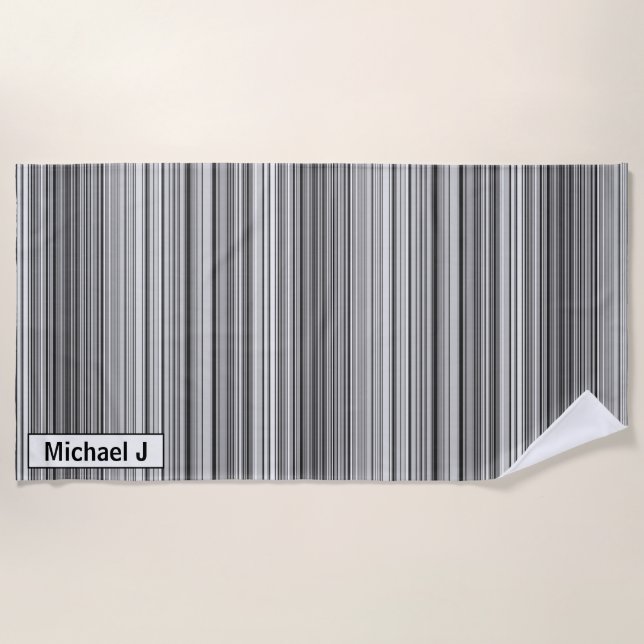 Personalized Black White Gray Striped Pattern Beach Towel (Front)