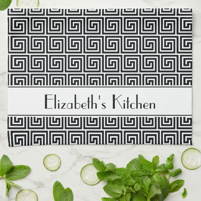 Personalized Black White Greek Meander Key Kitchen Towel (Folded)