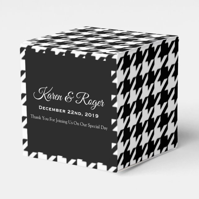 PERSONALIZED BLACK & WHITE HOUNDSTOOTH  WEDDING FAVOR BOXES (Front Side)