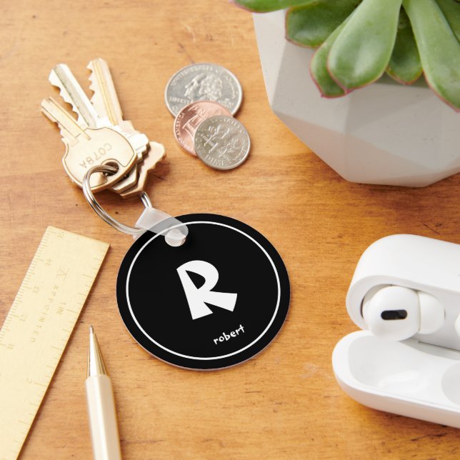 Personalized Black & White Initial Monogam Name Keychain (Desk)