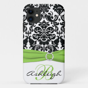 Personalized Black, White, Lime Damask iPhone 5 iPhone 11 Case