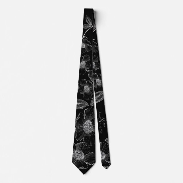 Personalized Black White Line Art Wedding Neck Tie (Front)