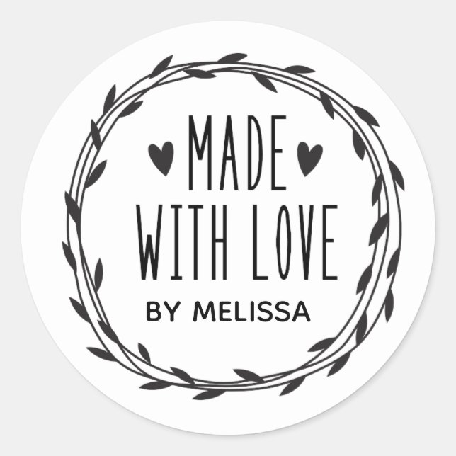 Personalized Black White Made With Love Classic Round Sticker (Front)