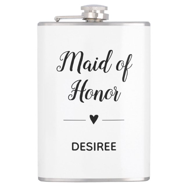 Personalized Black White Maid of Honor Heart Flask (Front)