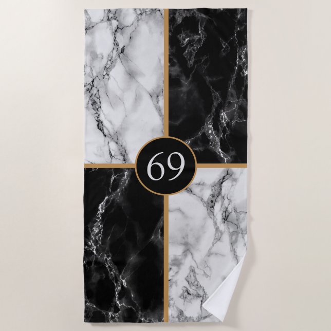Personalized Black White Marble Beach Towel (Front)