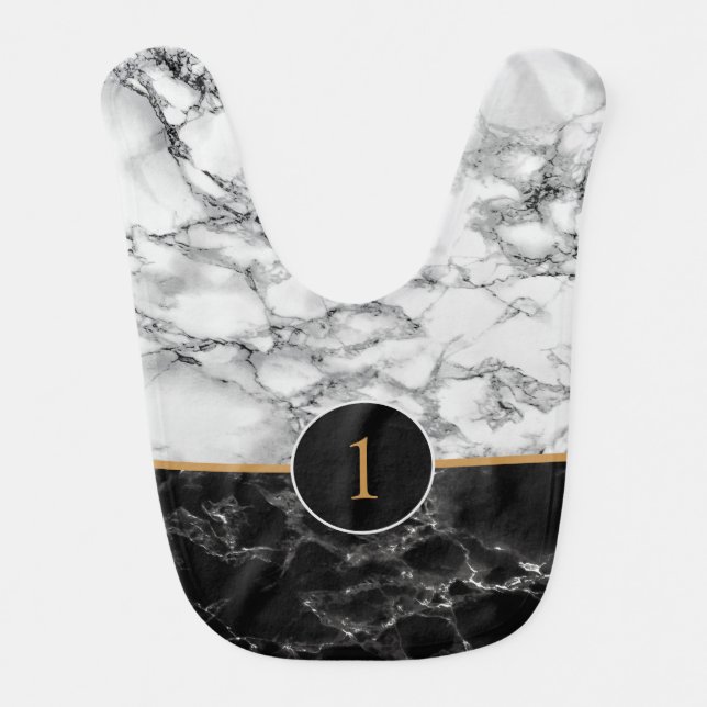 Personalized Black White Marble Birthday Baby Bib (Front)