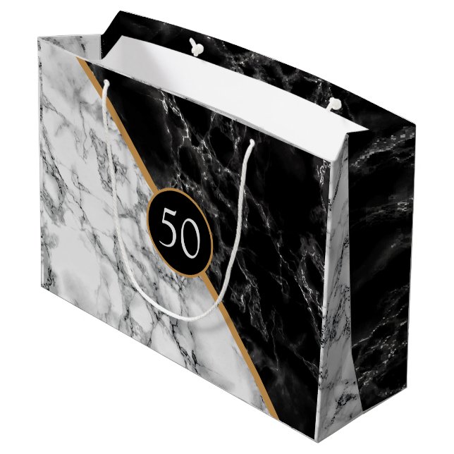 Personalized Black White Marble Birthday Gift Bag (Back Angled)