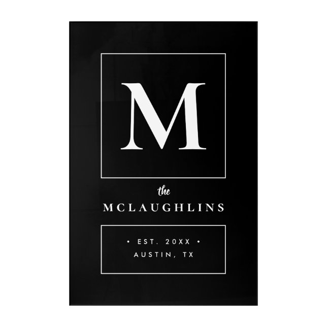 Personalized Black White Monogram Family Name Acrylic Print (Front)