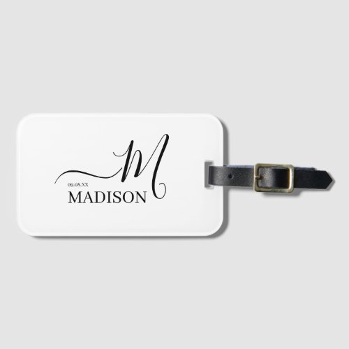 Personalized Black White Monogram Script Wedding Luggage Tag