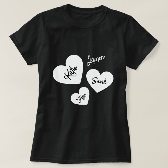 Personalized Black & White Mother's Hearts T-Shirt (Design Front)
