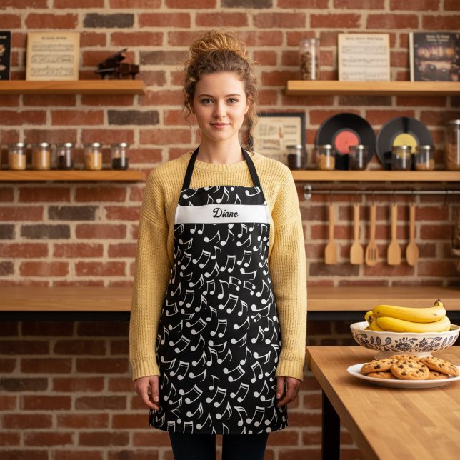 Personalized Black & White Music Apron (Personalized musical notes kitchen apron with custom name. Awesome gift for a music lover and baker.)