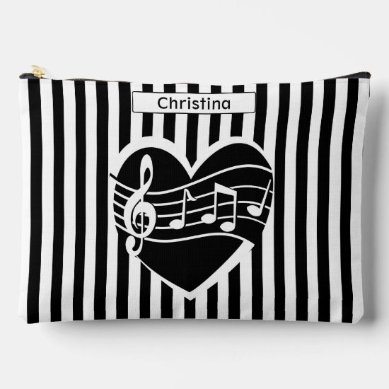 Personalized Black White Music Notes Heart Stripes Accessory Pouch