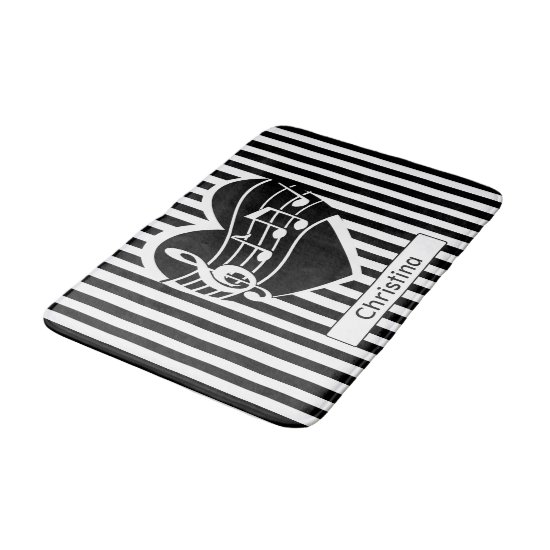 Personalized Black White Music Notes Heart Stripes Bath Mat