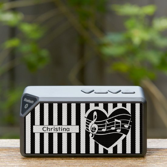 Personalized Black White Music Notes Heart Stripes Bluetooth Speaker