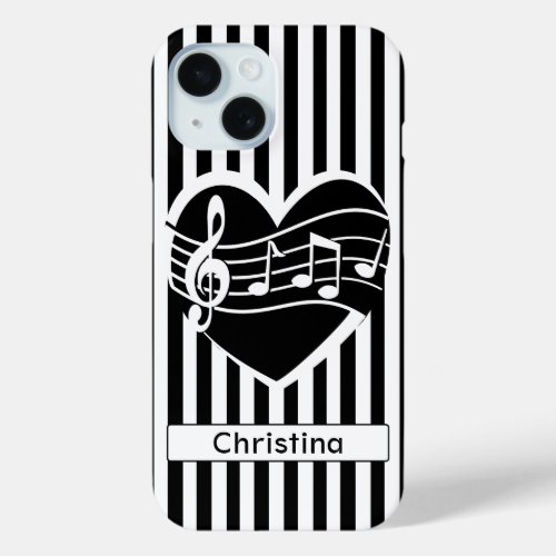Personalized Black White Music Notes Heart Stripes iPhone 15 Case