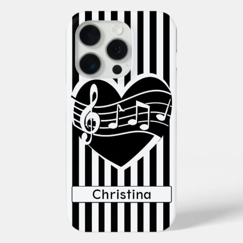 Personalized Black White Music Notes Heart Stripes iPhone 15 Pro Case