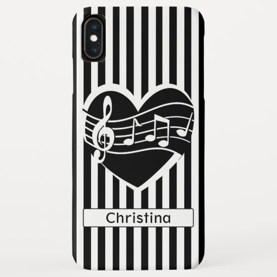Personalized Black White Music Notes Heart Stripes iPhone XS Max Case