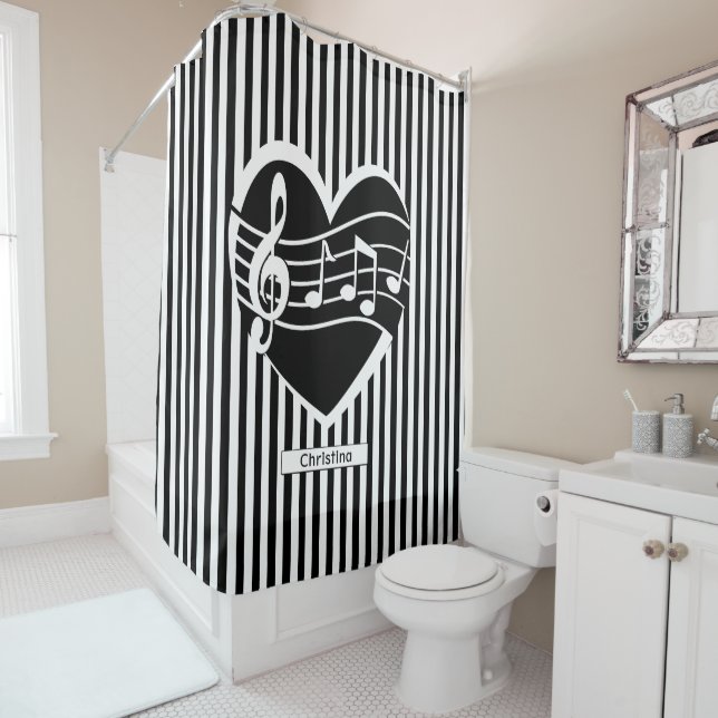 Personalized Black White Music Notes Heart Stripes Shower Curtain (In Situ)