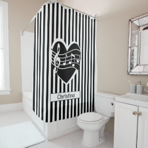 Personalized Black White Music Notes Heart Stripes Shower Curtain