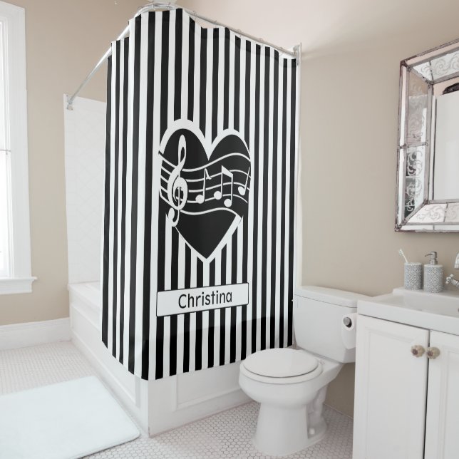 Personalized Black White Music Notes Heart Stripes Shower Curtain (In Situ)