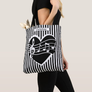 Personalized Black White Music Notes Heart Stripes Tote Bag