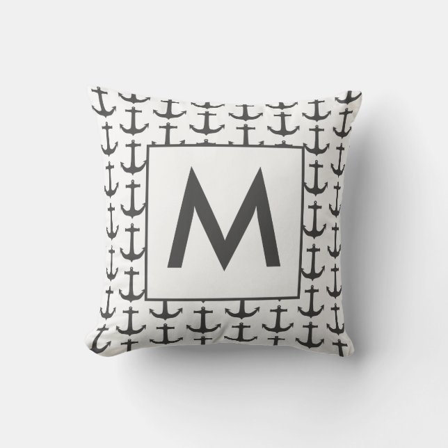 Personalized black white Nautical Anchor Throw Pillow (Front)