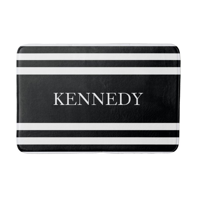 Personalized Black White Nautical Stripes Pattern Bathroom Mat (Front)