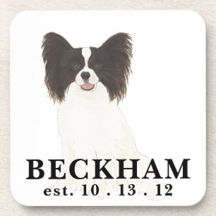 Personalized Black & White Papillon Dog Beverage Coaster
