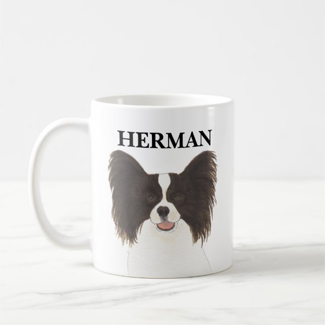 Personalized Black & White Papillon Dog Coffee Mug (Left)