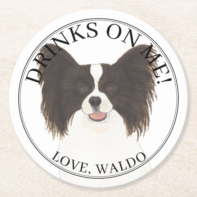 Personalized Black & White Papillon Dog Wedding Round Paper Coaster (Front)