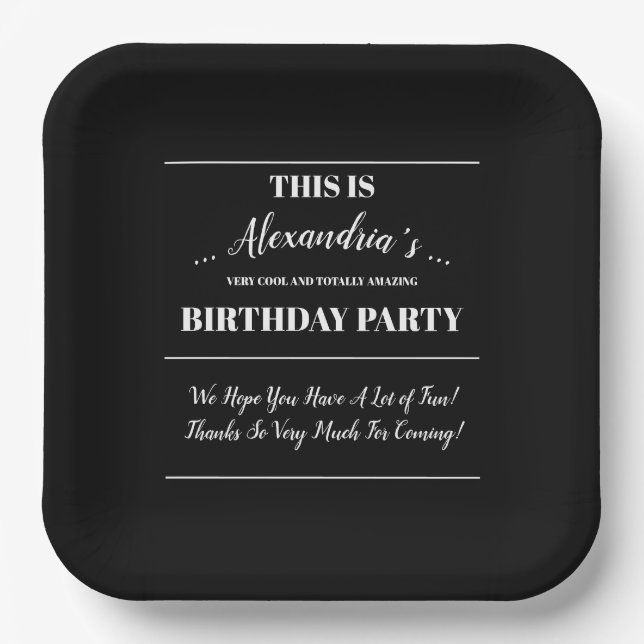 Personalized Black & White Party Paper Plates (Front)