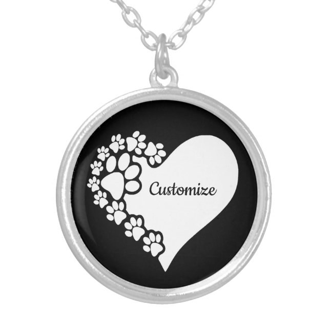 Personalized Black & White Pet Love Hearts Silver Plated Necklace (Front)