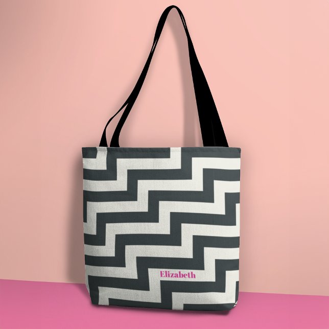 Personalized Black White Pink Bold Zig Zag Tote Bag (Creator Uploaded)