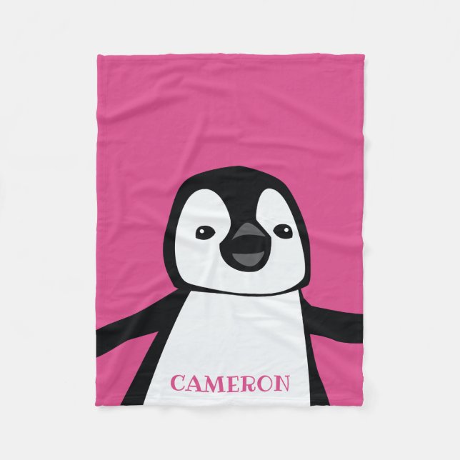  Personalized Black White Pink Cute Penguin Fleece Blanket (Front)