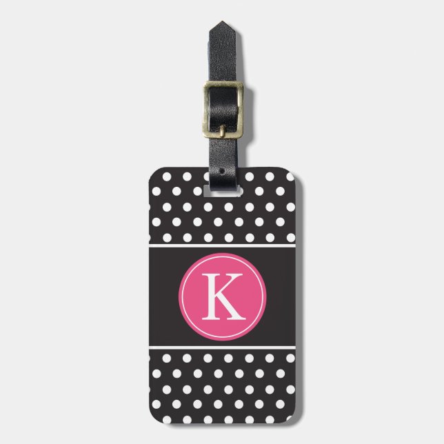 Personalized Black White Pink Polka Dots Luggage Tag (Front Vertical)
