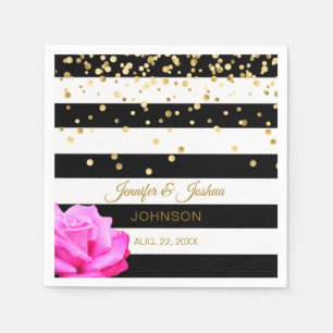 Personalized Black White Pink Rose Gold Wedding Paper Napkins