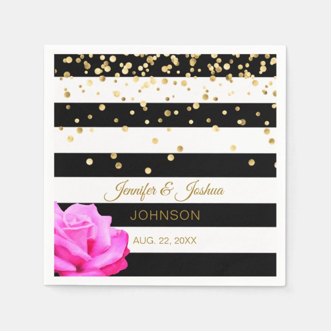 Personalized Black White Pink Rose Gold Wedding Paper Napkins (Front)