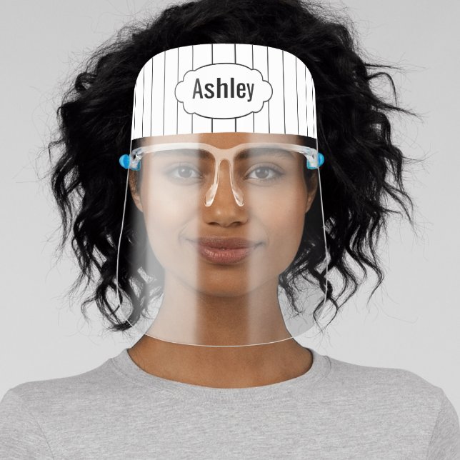 Personalized Black White Pinstripe Custom Name Face Shield (Insitu)