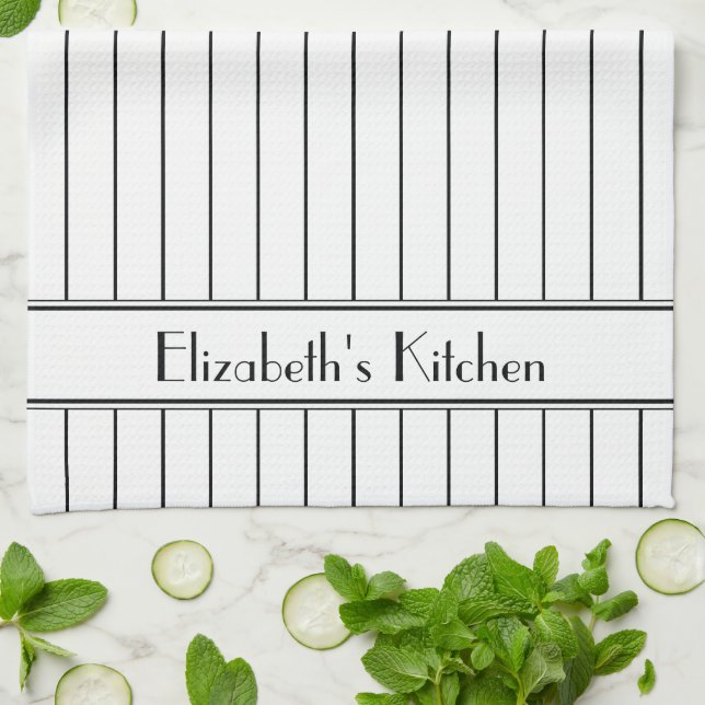 Personalized Black White Pinstripe Pattern Kitchen Towel (Folded)