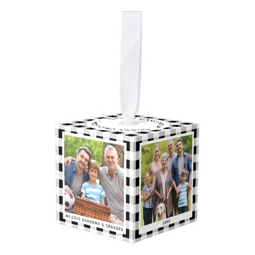 Personalized Black White Plaid Christmas Photo Cube Ornament