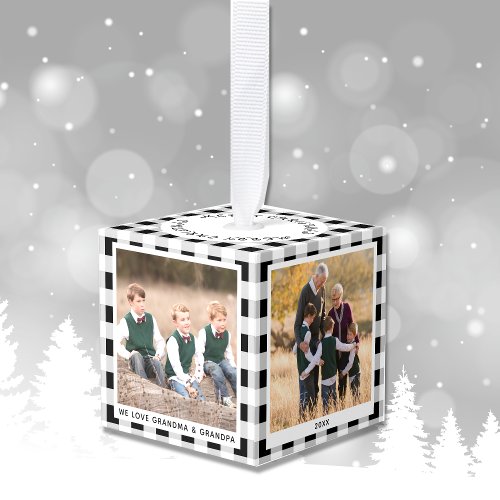 Personalized Black White Plaid Christmas Photo Cube Ornament