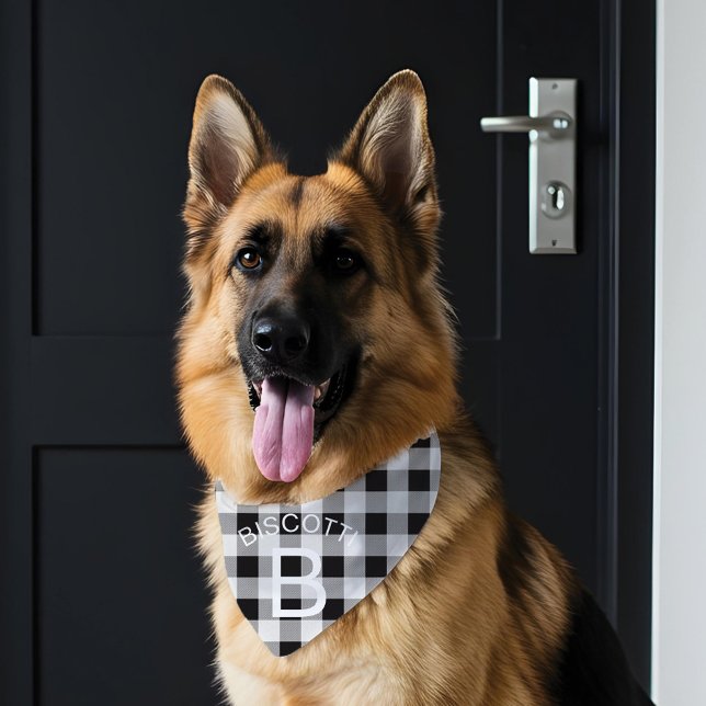 Personalized Black & White Plaid Pattern Monogram Pet Bandana Collar (Personalized Black & White Plaid Pattern Monogram Pet Bandana Collar)