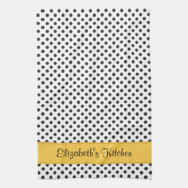Personalized Black White Polka Dot Yellow Kitchen Towel (Vertical)