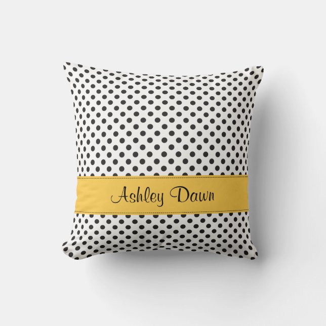 Personalized Black White Polka Dot Yellow Throw Pillow (Front)